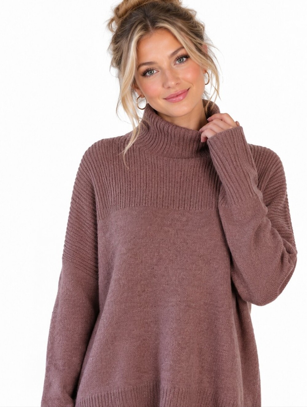 Garnet Hill Mixed Knit Cashmere Mock Neck Sweater Dusty Rose Size Large